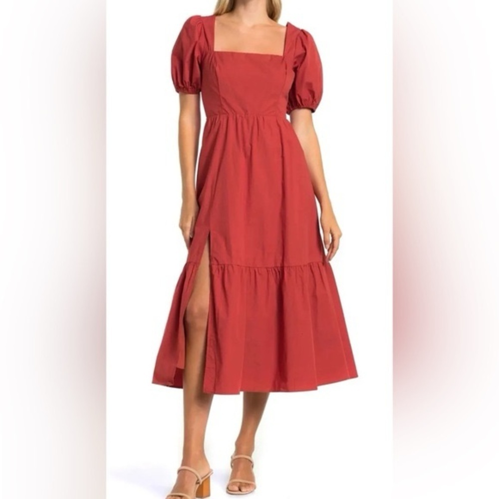 astr the label poplin puff sleeve tiered midi dress